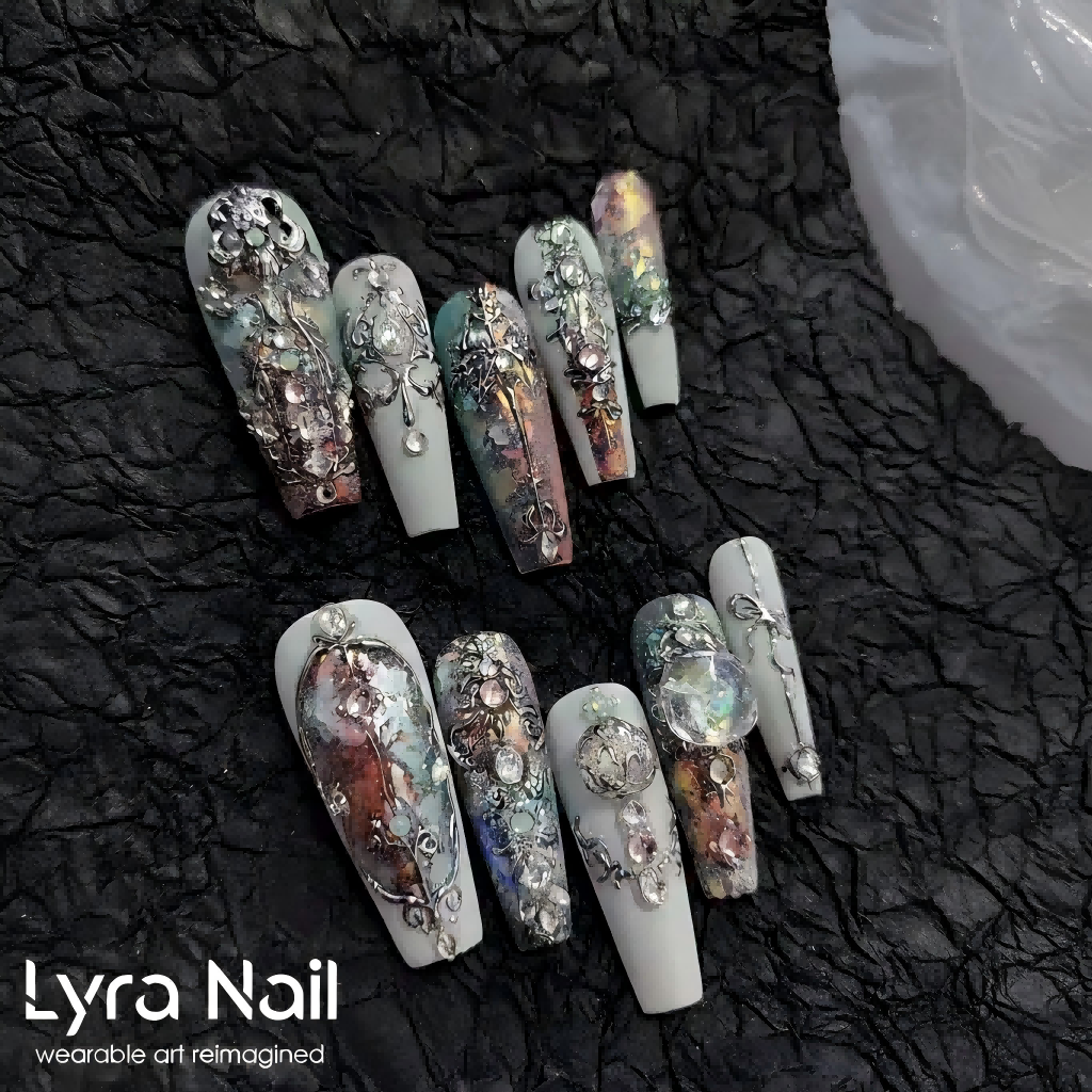 [AC-038]Empress's Glazed Throne | Artisan Handmade Press On Nails | Italian Court Sculpture Style with Heavy Crystal & Iridescent Detailing | Salon Quality, 7-10 Day Shipping