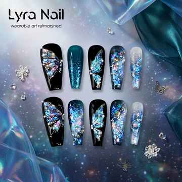 [AC-040]The Silent Butterfly | Artisan Handmade Press On Nails | Dark Galaxy Coffin with Hand-Painted Iridescent Wings | Salon Quality, 7-10 Day Shipping