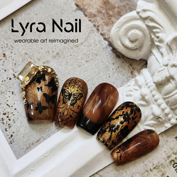 [AC-055]Champagne Amber Butterfly | Artisan Handmade Press On Nails | Vintage Cocoa Amber & Champagne Cat-Eye with Baroque Lace Butterflies & Luxury Topaz Gem | Salon Quality, 7-10 Day Shipping