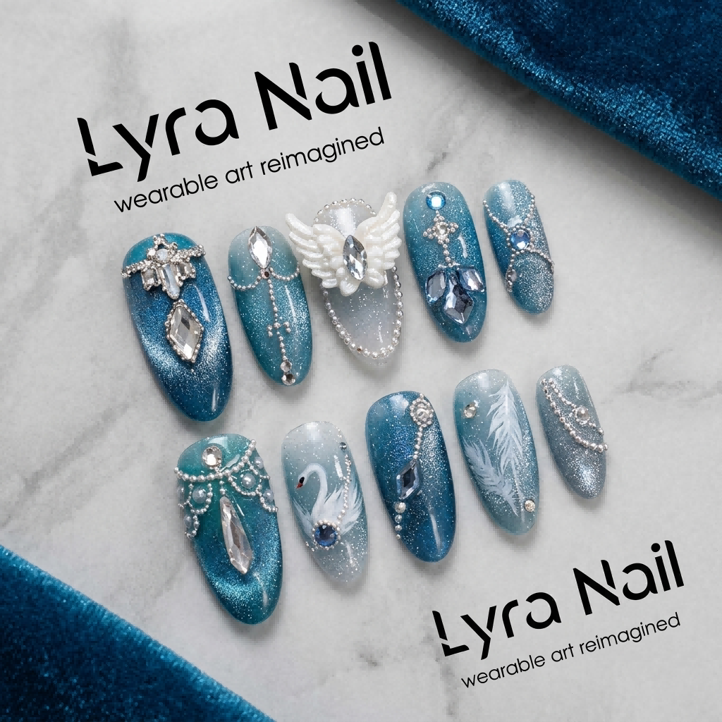 [AC-024]Swan Lake Serenity | Artisan Handmade Press On Nails | Hazy Blue Cat-Eye with 3D Angel Wings & Hand-Painted Feathers | Salon Quality, 7-10 Day Shipping