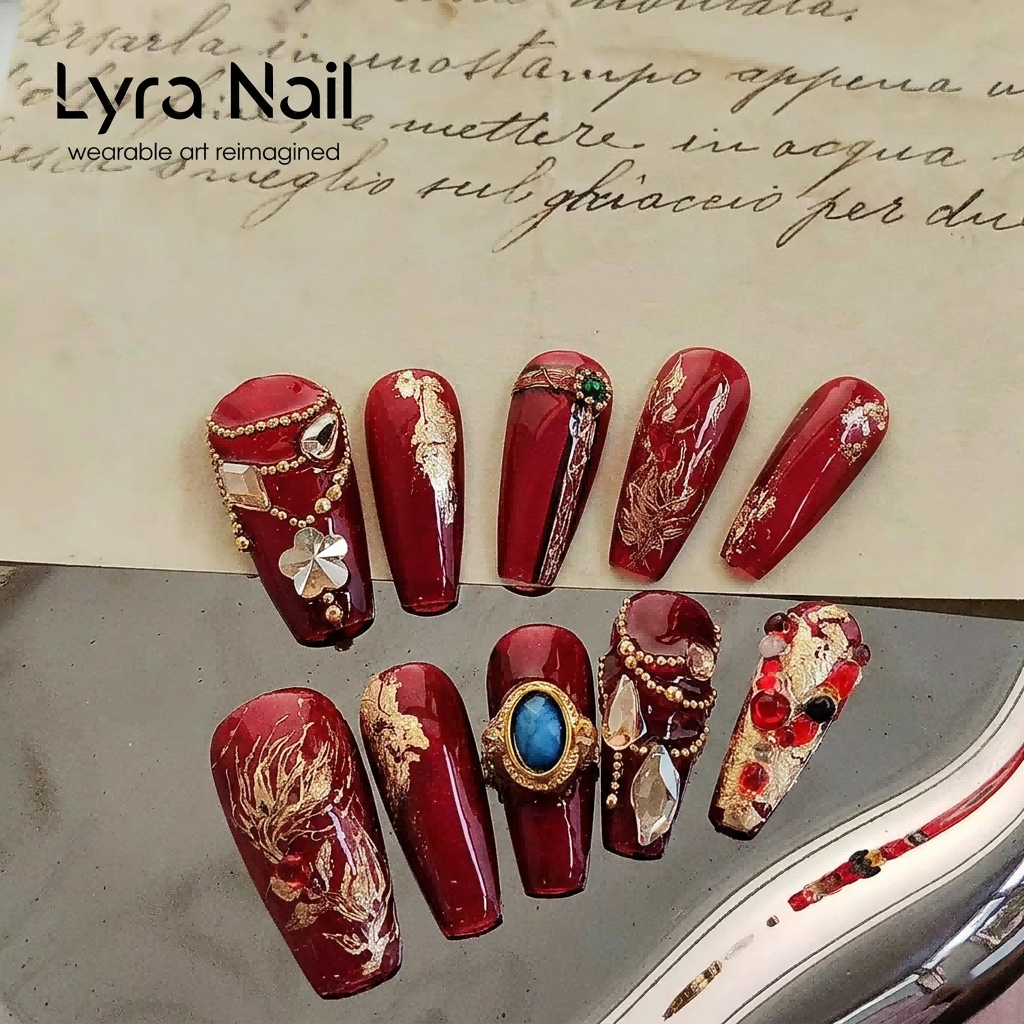 [AC-056]Desert Loulan | Artisan Handmade Press On Nails | Exotic Crimson Red & Antique Gold Foil with Turquoise Rings and Flame Flower Filigree | Salon Quality, 7-10 Day Shipping