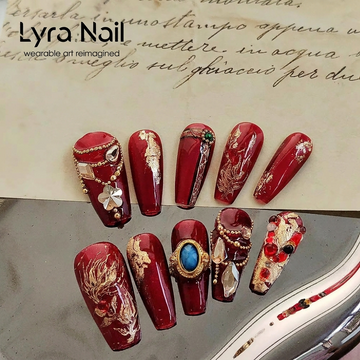 [AC-056]Desert Loulan | Artisan Handmade Press On Nails | Exotic Crimson Red & Antique Gold Foil with Turquoise Rings and Flame Flower Filigree | Salon Quality, 7-10 Day Shipping