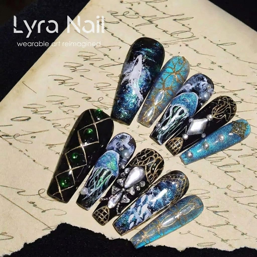 [AC-044]Oceanic Hymn | Artisan Handmade Press On Nails | Deep Sea Jellyfish & Whale Motifs with Sacred Temple Patterns & Pearl Accents | Salon Quality, 7-10 Day Shipping