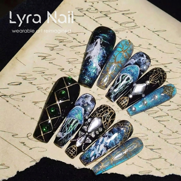 [AC-044]Oceanic Hymn | Artisan Handmade Press On Nails | Deep Sea Jellyfish & Whale Motifs with Sacred Temple Patterns & Pearl Accents | Salon Quality, 7-10 Day Shipping