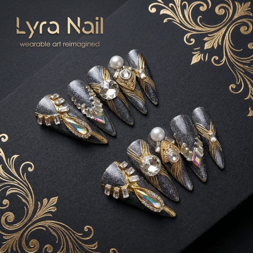 [AC-030]Gilded Persian | Artisan Handmade Press On Nails | Luxury High-End Jewelry Stiletto with Gold Inlay & Gemstones | Salon Quality, 7-10 Day Shipping
