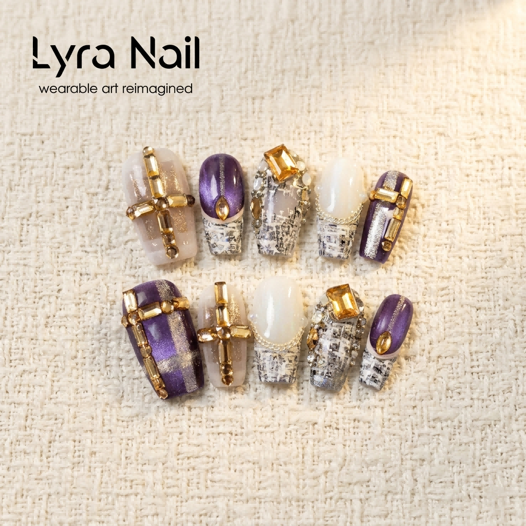 [AC-050]Vintage Tweed Heiress | Artisan Handmade Press On Nails | Powder Purple & Ivory Tweed with Champagne Gold Luxury Crosses | Salon Quality, 7-10 Day Shipping