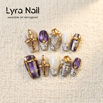[AC-050]Vintage Tweed Heiress | Artisan Handmade Press On Nails | Powder Purple & Ivory Tweed with Champagne Gold Luxury Crosses | Salon Quality, 7-10 Day Shipping