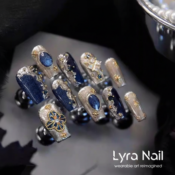 [AC-004]Sapphire Gaze | Artisan Handmade Press On Nails | Deep Blue Gemstones with Champagne Gold Silk Textures & Royal Jewels | Salon Quality, 7-10 Day Shipping