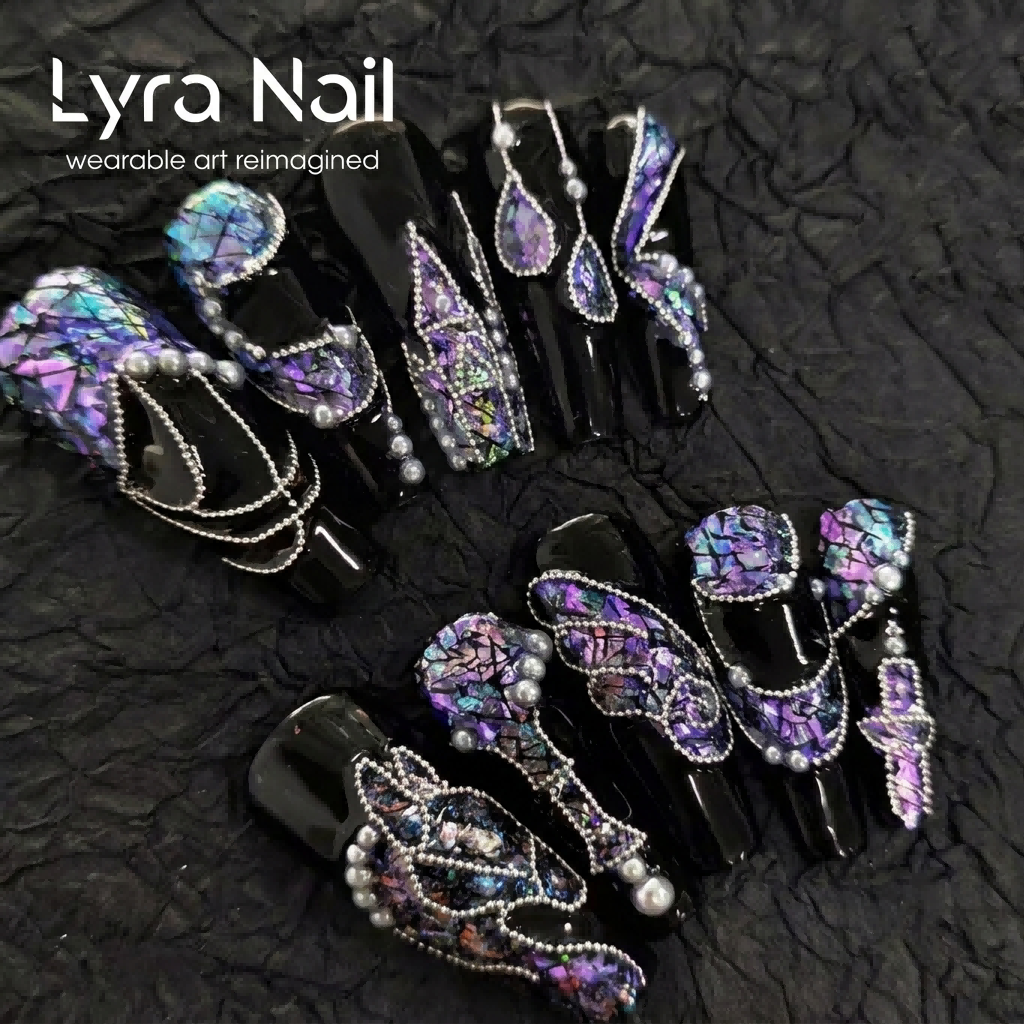 [AC-062]Midnight Raden | Artisan Handmade Press On Nails | Mystic Purple Pearl Mosaic & Faux Raden Shards with Luxury Pearl Chains & Baroque Reliefe | Salon Quality, 7-10 Day Shipping