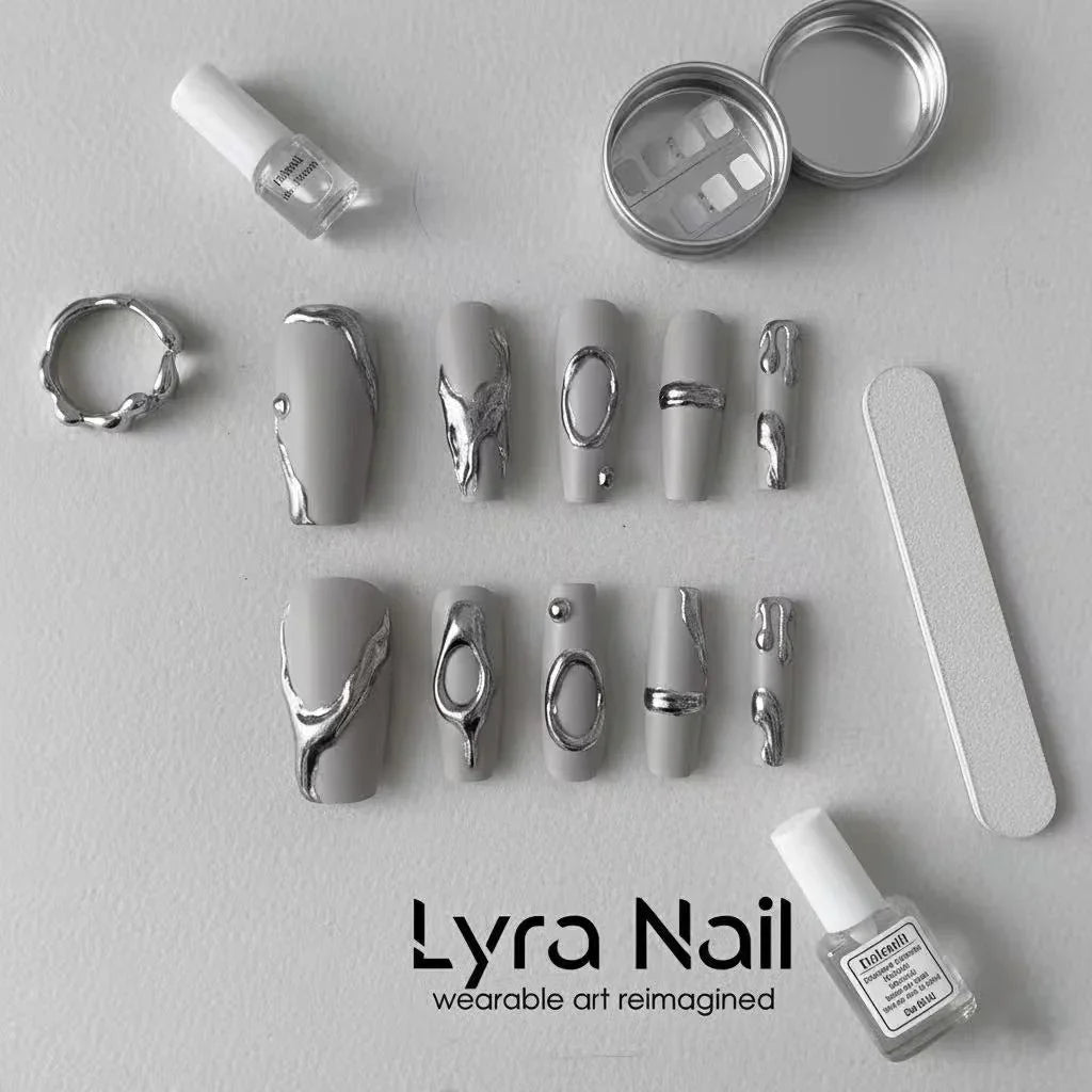 [AC-001]Dark Fluid | Artisan Handmade Press On Nails | Liquid Silver Metal on Marble Grey Base | Salon Quality, 7-10 Day Shipping