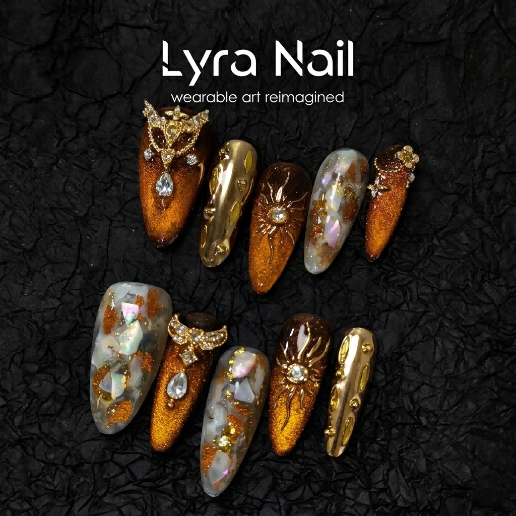 [AC-015]Apollo Sun Amber | Artisan Handmade Press On Nails | Golden Baroque Relief & Crystalline Acetate Stiletto | Salon Quality, 7-10 Day Shipping