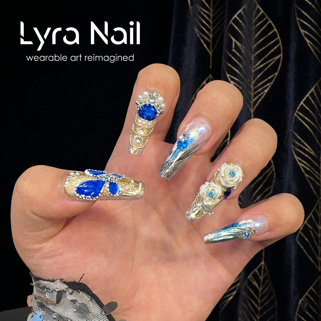 [AC-036]Bermuda Blue Fantasy | Artisan Handmade Press On Nails | Peacock Sapphire Butterfly Charms & White Rose Pearl Couture Coffin | Salon Quality, 7-10 Day Shipping