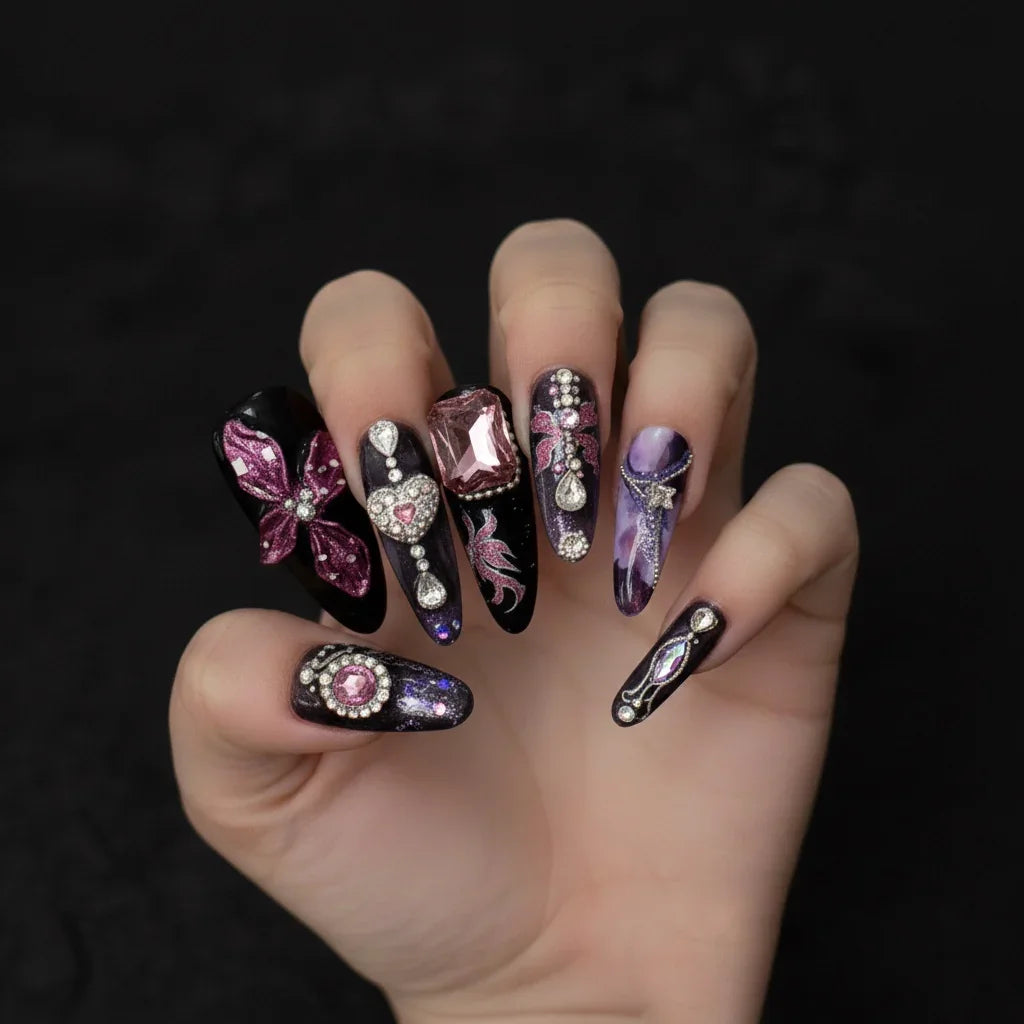 [AC-009]Sacred Guardian | Artisan Handmade Press On Nails | Mystic Purple Floral Marble with 3D Carvings & Pendant Charms | Salon Quality, 7-10 Day Shipping