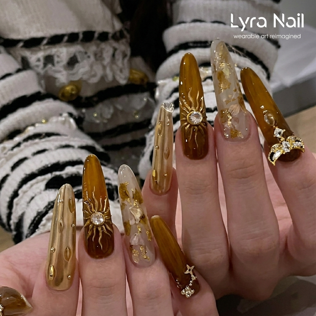 [AC-015]Apollo Sun Amber | Artisan Handmade Press On Nails | Golden Baroque Relief & Crystalline Acetate Stiletto | Salon Quality, 7-10 Day Shipping
