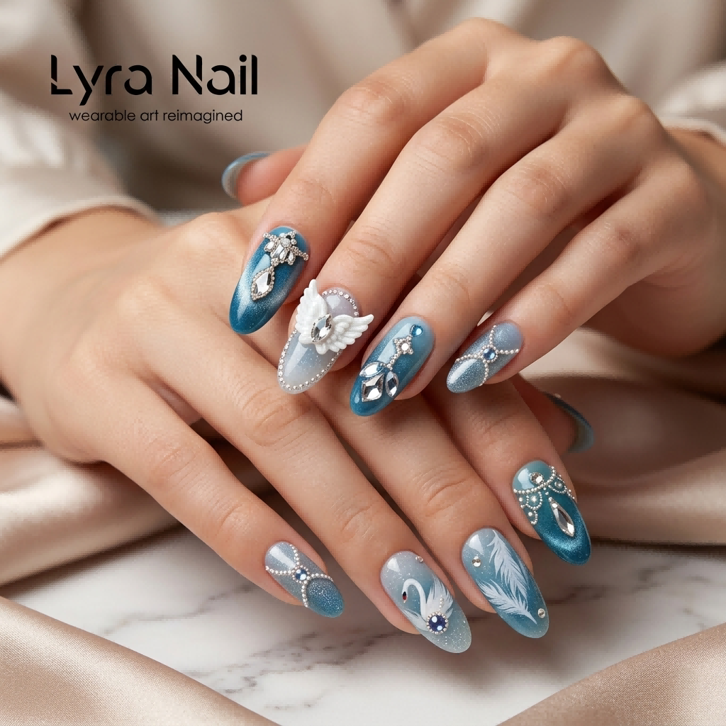 [AC-024]Swan Lake Serenity | Artisan Handmade Press On Nails | Hazy Blue Cat-Eye with 3D Angel Wings & Hand-Painted Feathers | Salon Quality, 7-10 Day Shipping