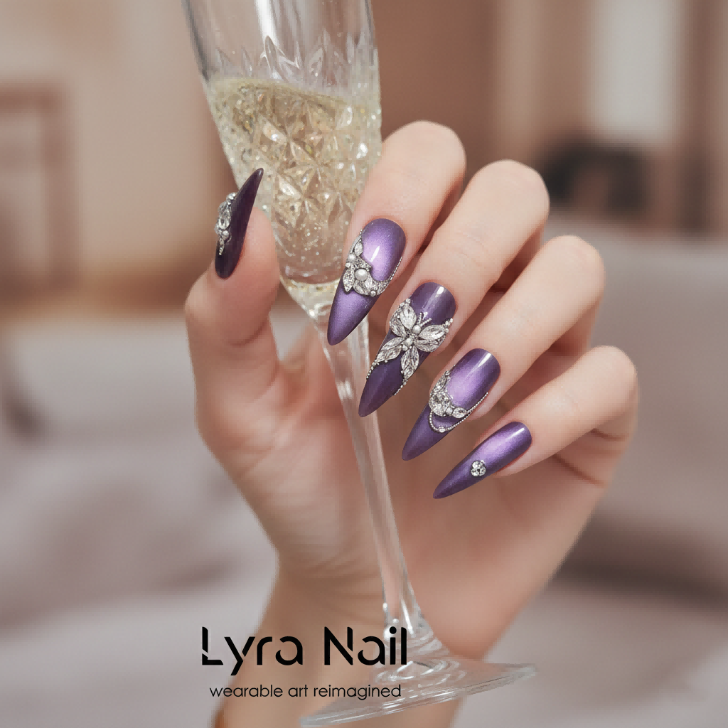 [AC-007]Violet Galaxy | Artisan Handmade Press On Nails | Luxury Deep Purple Cat-Eye with 3D Crystal Butterflies & Rhinestones | Salon Quality, 7-10 Day Shipping