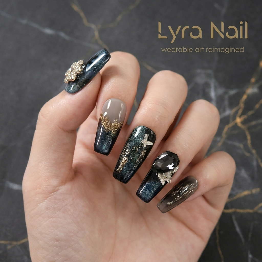 [AC-026]Ice Queen Star Diamond | Artisan Handmade Press On Nails | Winter Icy Blue Cat-Eye with Giant Pigeon Egg Gem & Snowflake Accents | Salon Quality, 7-10 Day Shipping