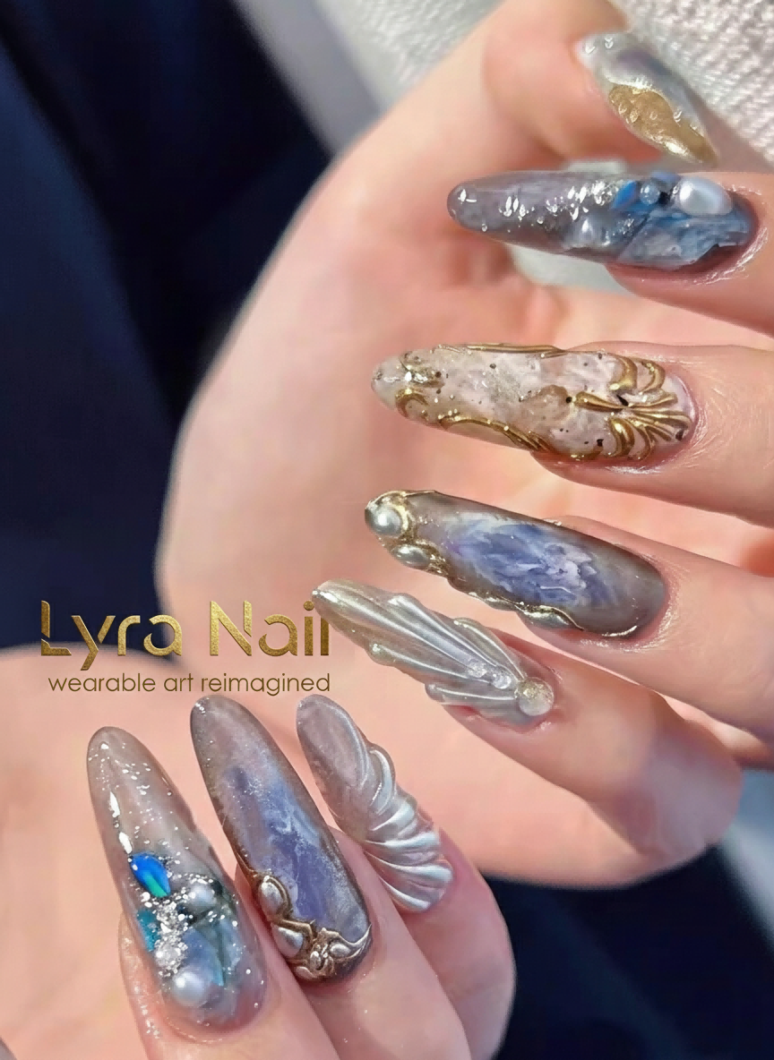 [AC-013]Mera's Wrath | Artisan Handmade Press On Nails | Deep Sea Oceanic Marble with 3D Shells & Gold Filigree | Salon Quality, 7-10 Day Shipping