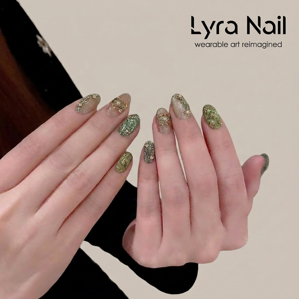 [AC-041]Green Pixie | Artisan Handmade Press On Nails | Vintage Emerald & Gold Cat-Eye with 3D Relief & Starry Accents | Salon Quality, 7-10 Day Shipping