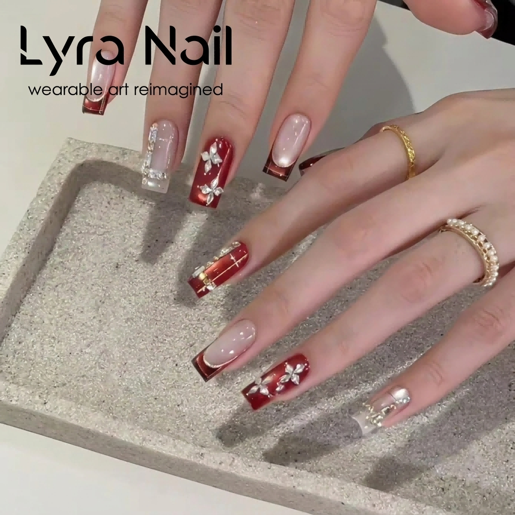 [AC-061]Bourgeois Plaid Red | Artisan Handmade Press On Nails | Translucent New Year Red French Tips with Crystal Plaid, Starry Cat-Eye & Luxury Rhinestone Charms | Salon Quality, 7-10 Day Shipping