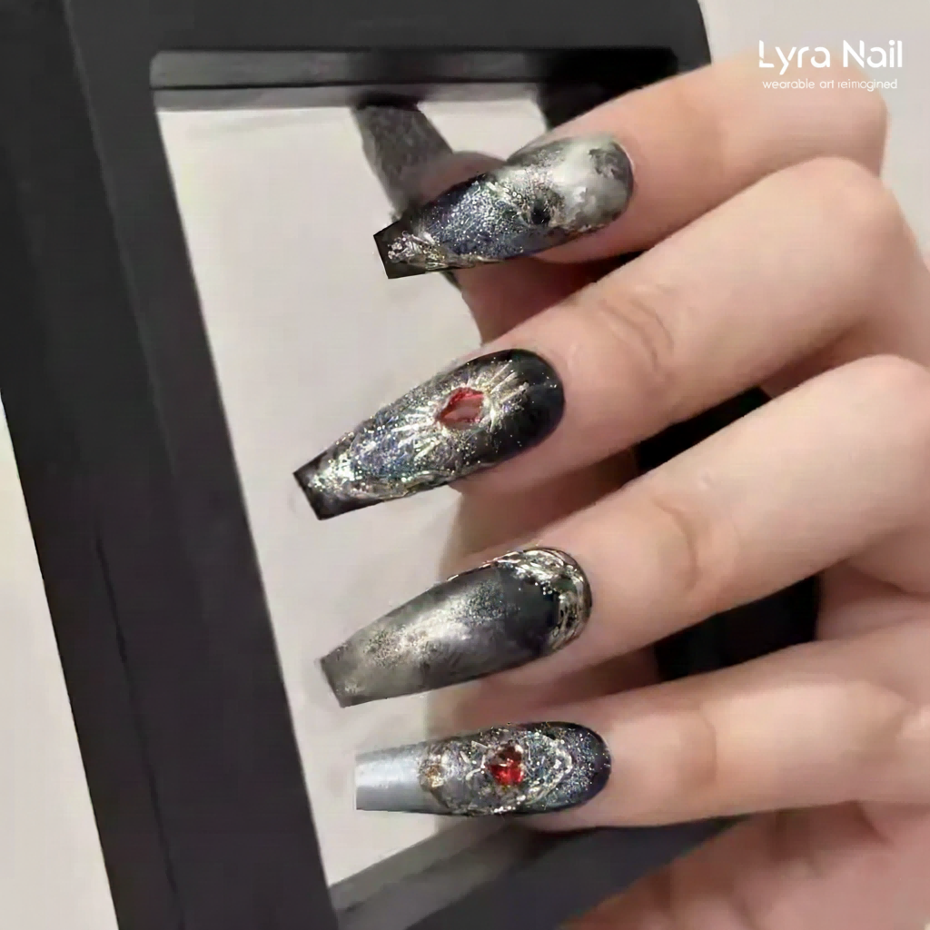 [AC-010]Gothic Metal | Artisan Handmade Press On Nails | Dark Metallic Cat-Eye with Silver Filigree & Ruby Accents | Salon Quality, 7-10 Day Shipping