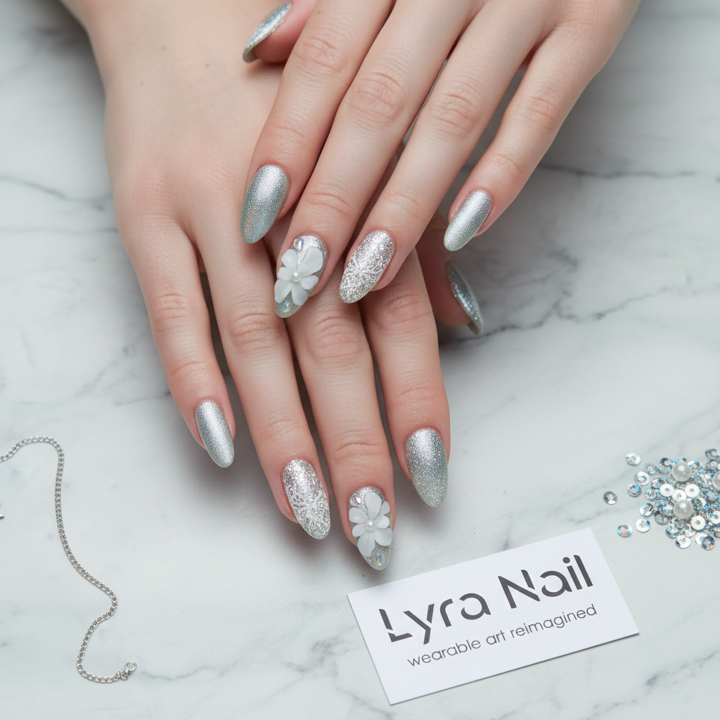 [AC-017]Moonlight Fairy | Artisan Handmade Press On Nails | Silver Cat-Eye Shimmer with 3D Hand-Sculpted Flowers | Salon Quality, 7-10 Day Shipping
