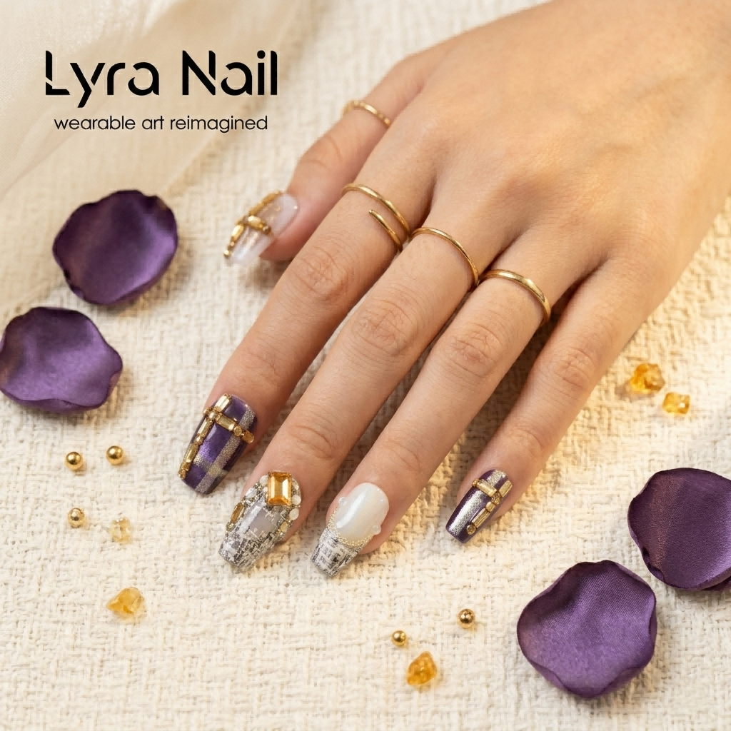 [AC-050]Vintage Tweed Heiress | Artisan Handmade Press On Nails | Powder Purple & Ivory Tweed with Champagne Gold Luxury Crosses | Salon Quality, 7-10 Day Shipping