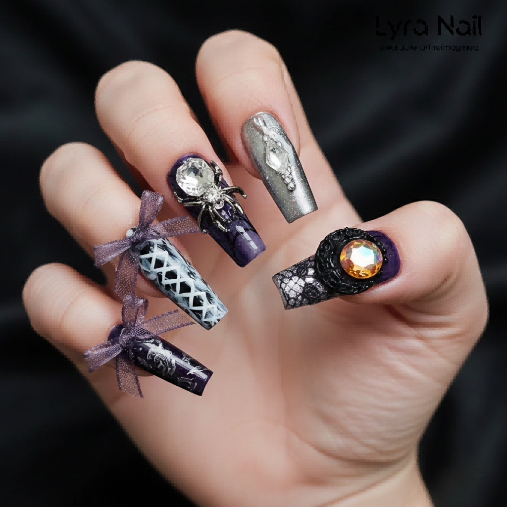 [AC-005]Spider Queen | Artisan Handmade Press On Nails | Dark Mystery Aura with Lace Ribbons, Bows & Spider Web Accents | Salon Quality, 7-10 Day Shipping