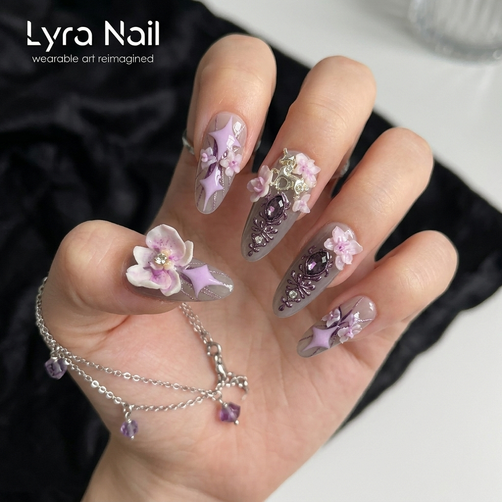 [AC-046]Floral Dreamscape | Artisan Handmade Press On Nails | 3D Sculpted Petals & Mythical Unicorn Motifs in Lavender Dream Tones | Salon Quality, 7-10 Day Shipping