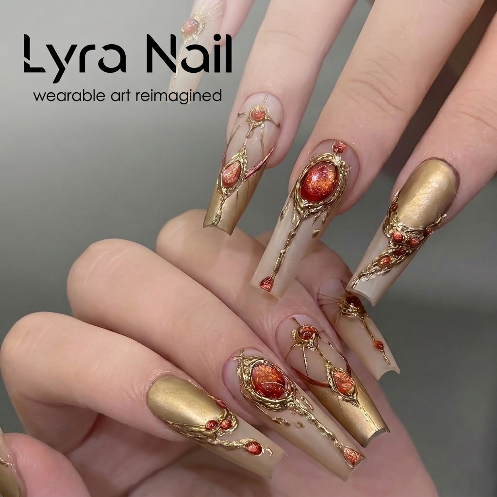 [AC-049]Regal Sovereign | Artisan Handmade Press On Nails | Baroque Gold & Crimson Ruby Palace Style with Heavy Filigree | Salon Quality, 7-10 Day Shipping