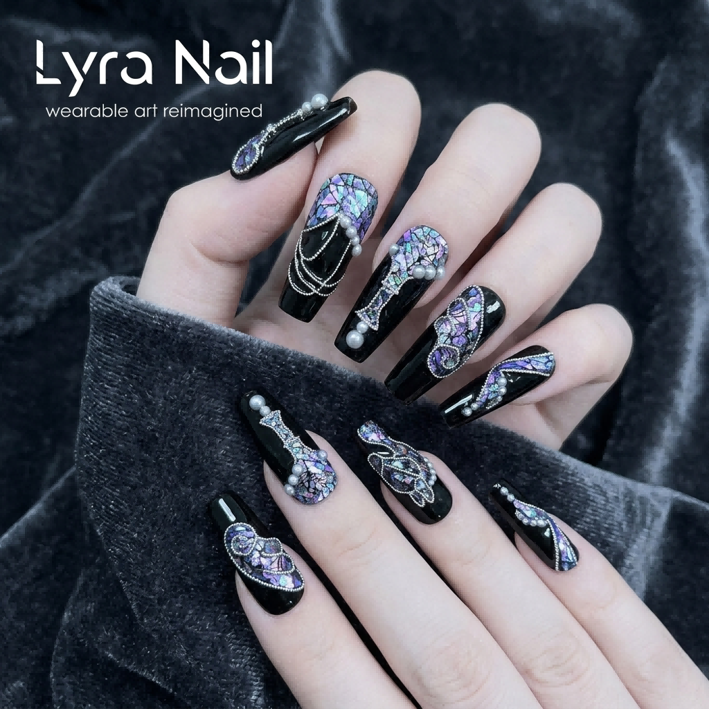 [AC-062]Midnight Raden | Artisan Handmade Press On Nails | Mystic Purple Pearl Mosaic & Faux Raden Shards with Luxury Pearl Chains & Baroque Reliefe | Salon Quality, 7-10 Day Shipping