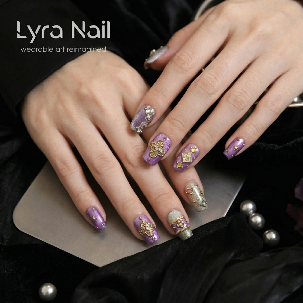 [AC-043]Palace Princess | Artisan Handmade Press On Nails | Buccellati-Inspired Gold Engravings with Vibrant Jewel Tones | Salon Quality, 7-10 Day Shipping