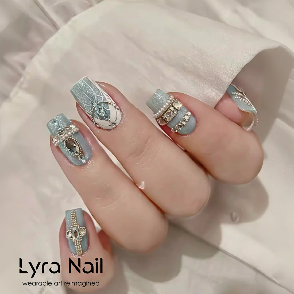 [AC-018]Ice Kingdom Princess | Artisan Handmade Press On Nails | Galaxy Blue Shimmer with Crystal Cross & Teardrop Diamonds | Salon Quality, 7-10 Day Shipping