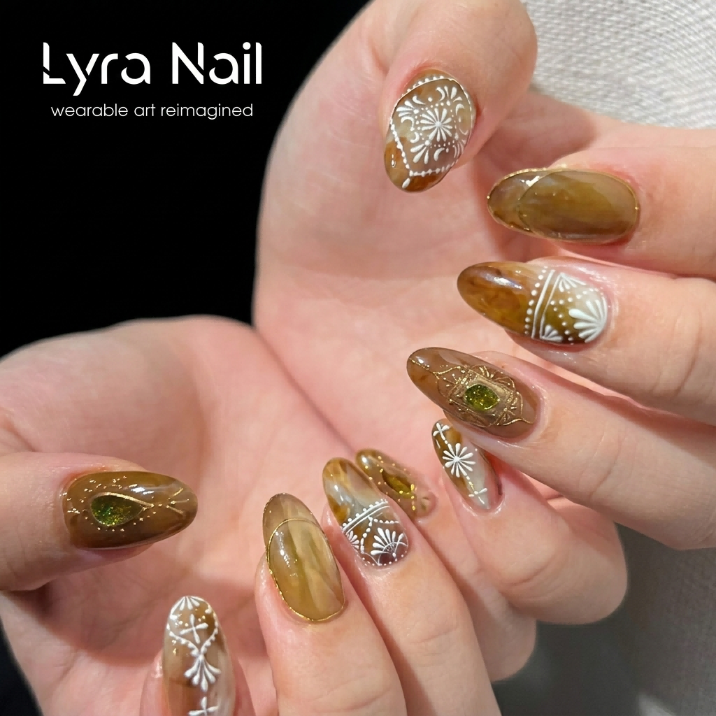 [AC-035]Moroccan Golden Autumn | Artisan Handmade Press On Nails | Exotic Vintage Tile Hand-Painted Fall Aesthetic | Salon Quality, 7-10 Day Shipping