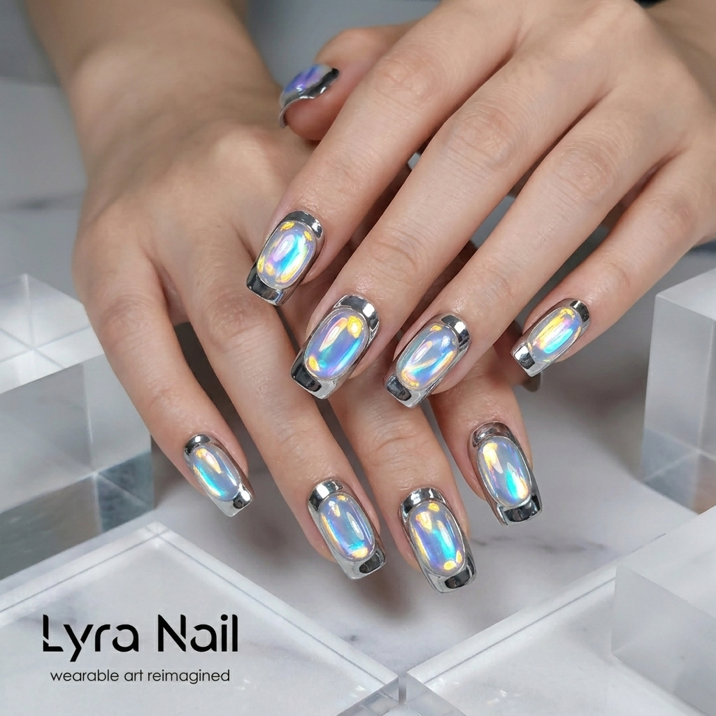 [AC-021]Aura Beam Bulb | Artisan Handmade Press On Nails | Bling Laser Ice Cube Holographic Chrome | Salon Quality, 7-10 Day Shipping