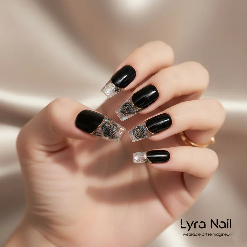 [AC-008]Theia Noir | Artisan Handmade Press On Nails | French Milky Opaque with Gold-Stamped Black Roses & Ink Watercolor | Salon Quality, 7-10 Day Shipping