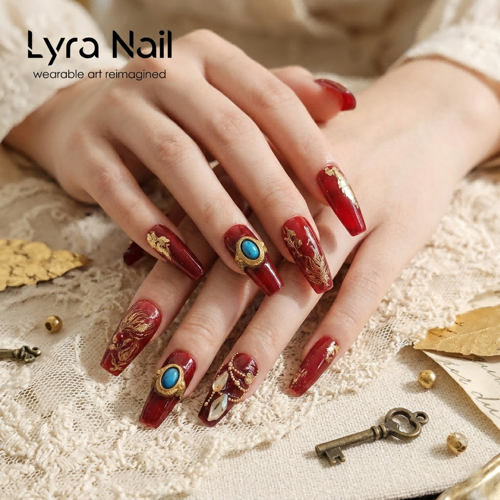 [AC-056]Desert Loulan | Artisan Handmade Press On Nails | Exotic Crimson Red & Antique Gold Foil with Turquoise Rings and Flame Flower Filigree | Salon Quality, 7-10 Day Shipping