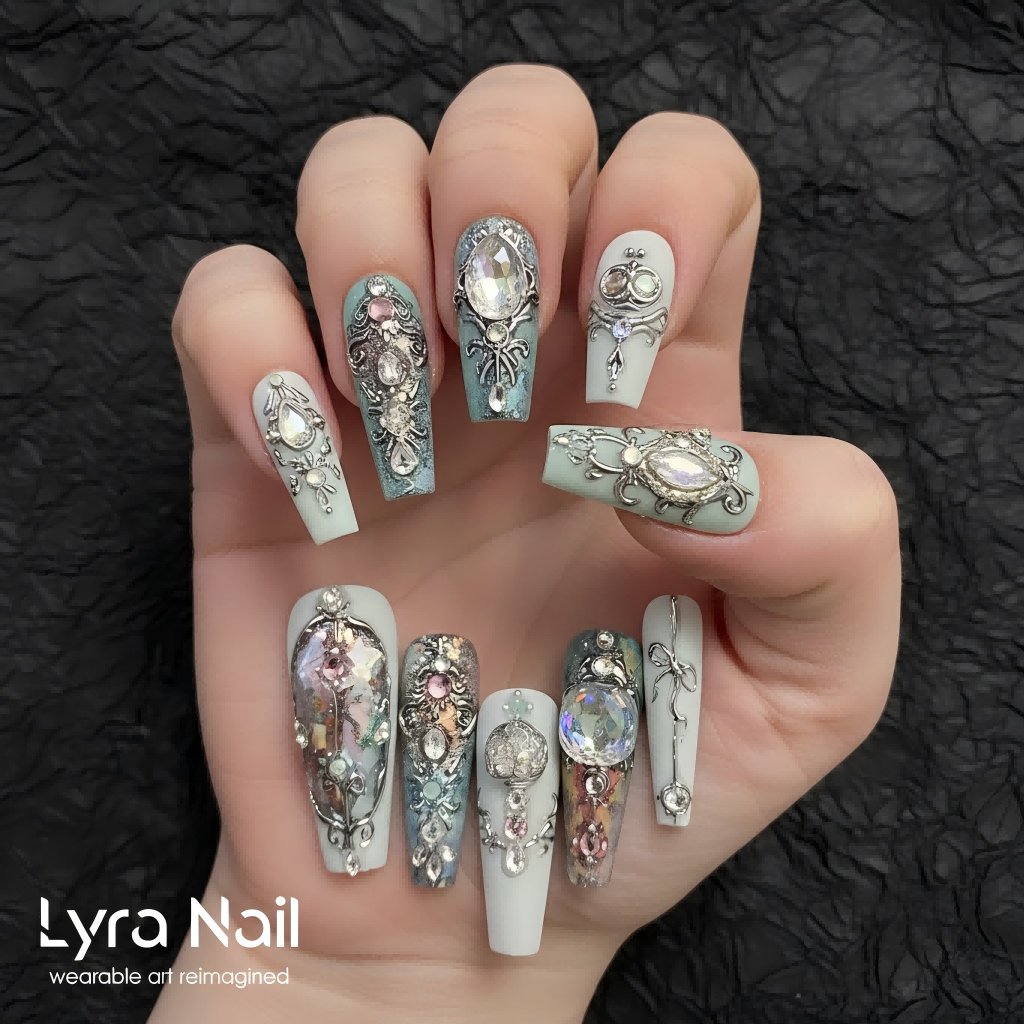 [AC-038]Empress's Glazed Throne | Artisan Handmade Press On Nails | Italian Court Sculpture Style with Heavy Crystal & Iridescent Detailing | Salon Quality, 7-10 Day Shipping