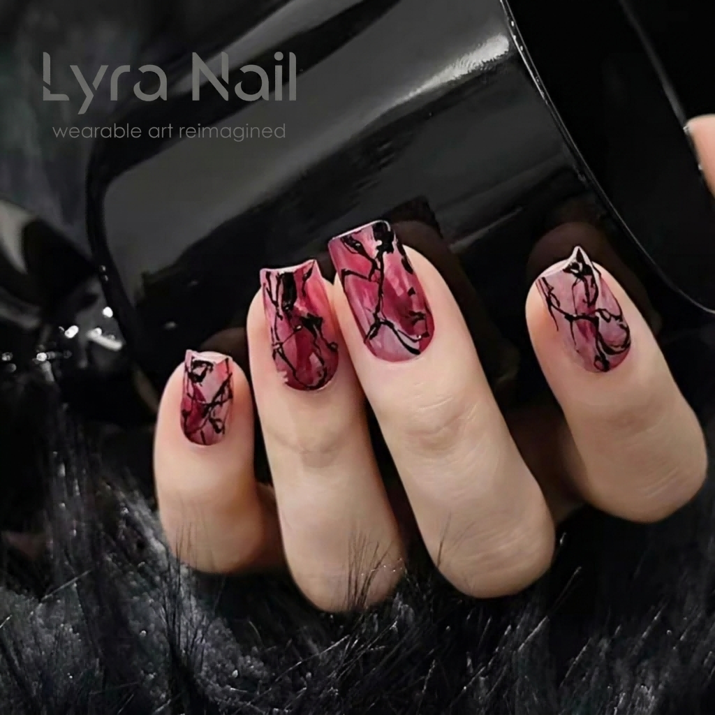[AC-027]Bloody Rose Garden | Artisan Handmade Press On Nails | Gothic Blood-Red Ombre with Dark Thorn Silhouettes | Salon Quality, 7-10 Day Shipping
