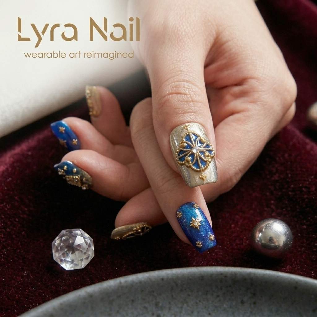 [AC-060]Royal Midnight Blue | Artisan Handmade Press On Nails | Klein Blue & Gold Buccellati Filigree with Starry Gems & Baroque Jewels | Salon Quality, 7-10 Day Shipping