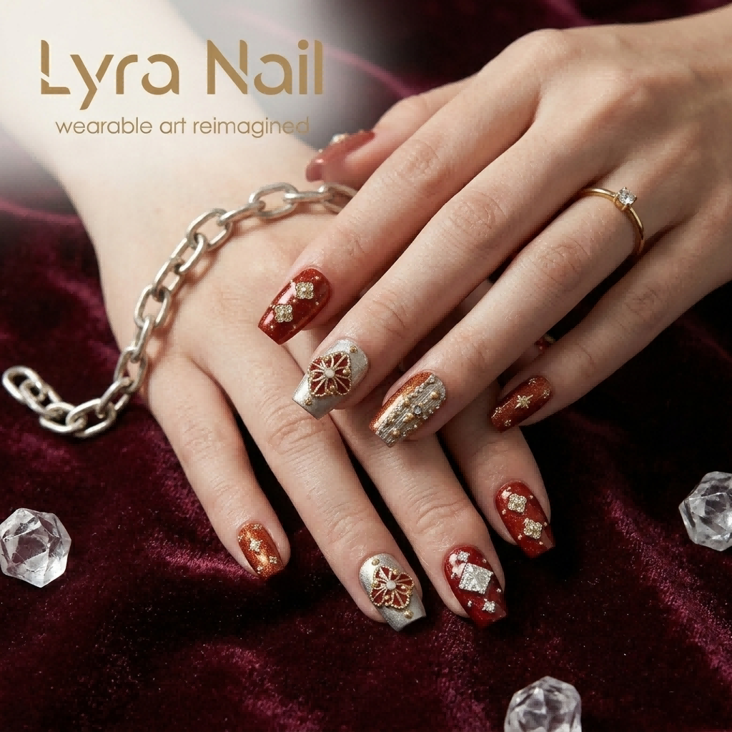 [AC-059]Gypsy Queen Red | Artisan Handmade Press On Nails | Passionate Crimson Velvet & Liquid Silver Chrome with Vintage Clover Studs & Starry Filigree | Salon Quality, 7-10 Day Shipping