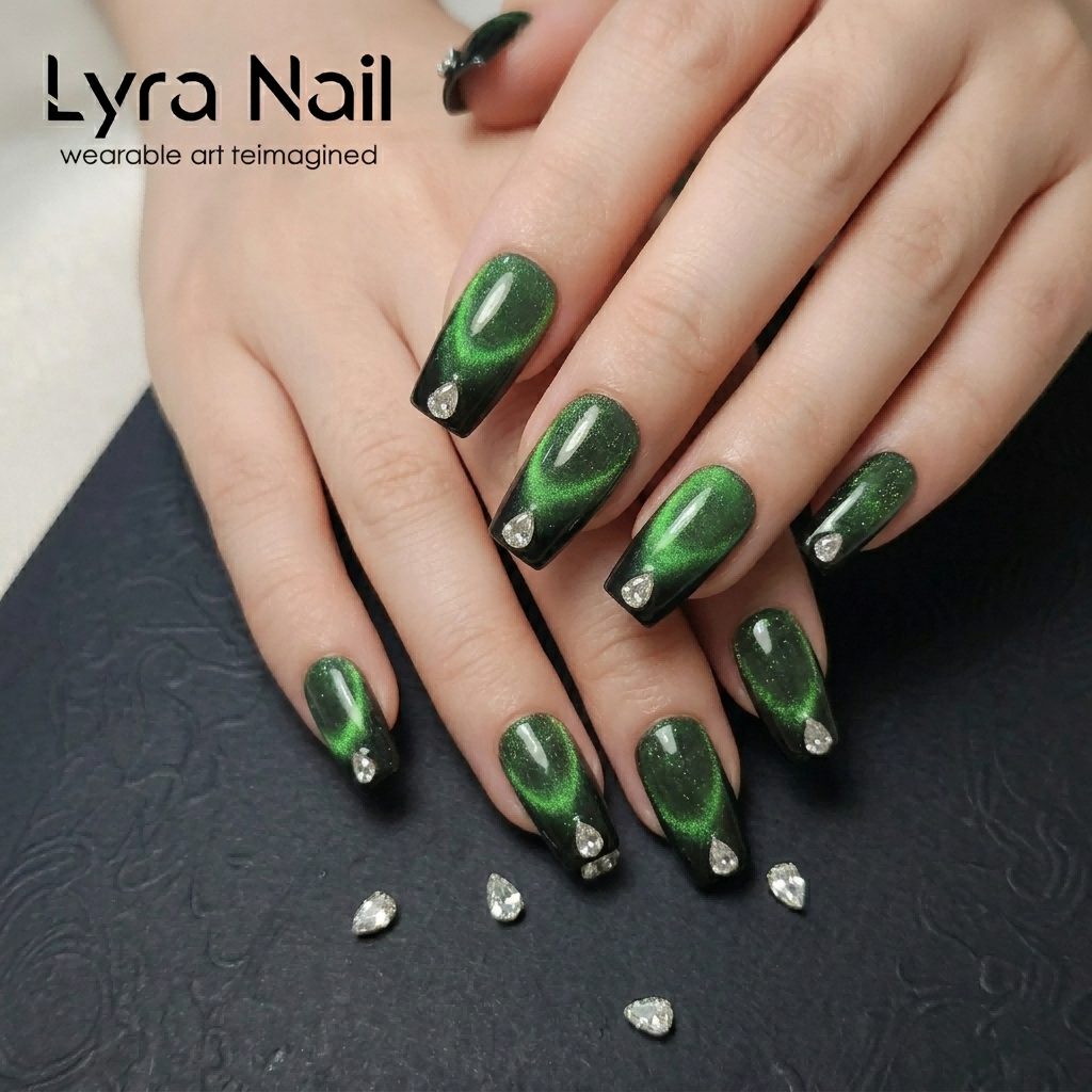 [AC-045]Emerald Sorceress | Artisan Handmade Press On Nails | Deep Magic Green Cat-Eye with Teardrop Diamond Accents | Salon Quality, 7-10 Day Shipping