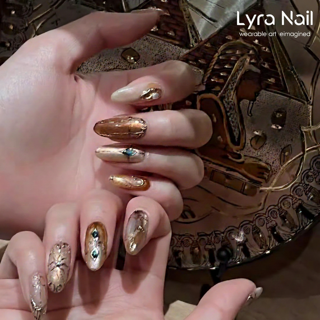 [AC-016]Egyptian Queen | Artisan Handmade Press On Nails | Ancient Mural Style Gold Embossed with Jewel Accents | Salon Quality, 7-10 Day Shipping