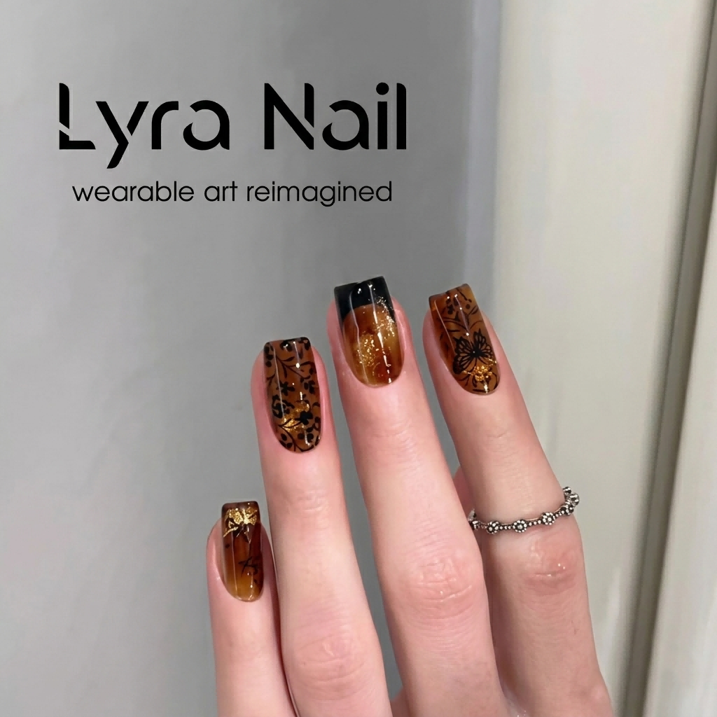 [AC-055]Champagne Amber Butterfly | Artisan Handmade Press On Nails | Vintage Cocoa Amber & Champagne Cat-Eye with Baroque Lace Butterflies & Luxury Topaz Gem | Salon Quality, 7-10 Day Shipping
