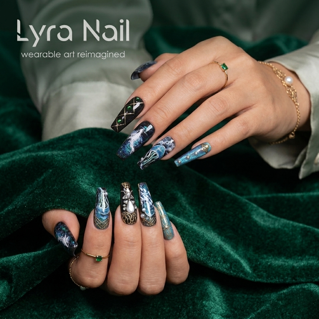 [AC-044]Oceanic Hymn | Artisan Handmade Press On Nails | Deep Sea Jellyfish & Whale Motifs with Sacred Temple Patterns & Pearl Accents | Salon Quality, 7-10 Day Shipping