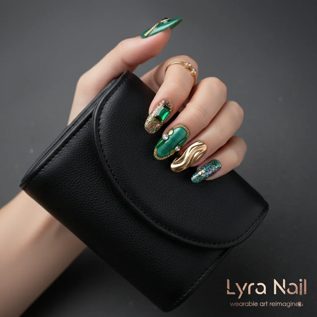 [AC-002]Emerald Jasmine | Artisan Handmade Press On Nails | Vintage European Court Style with Emerald Cat-Eye, Gold Accents & Royal Jewels | Salon Quality, 7-10 Day Shipping