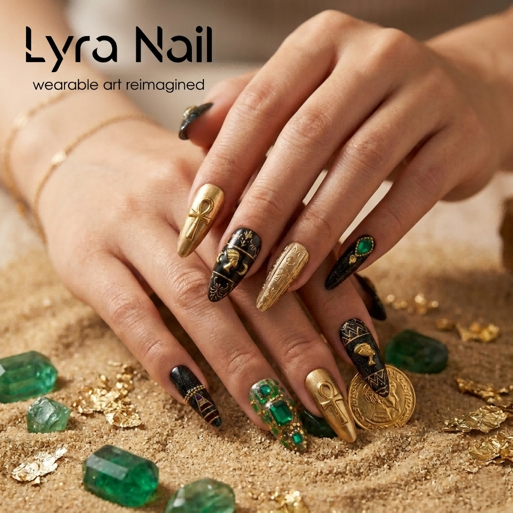 [AC-051]Emerald Cleopatra | Artisan Handmade Press On Nails | Vintage Luxury Emeralds with Buccellati Gold Filigree & Dragon Chains | Salon Quality, 7-10 Day Shipping