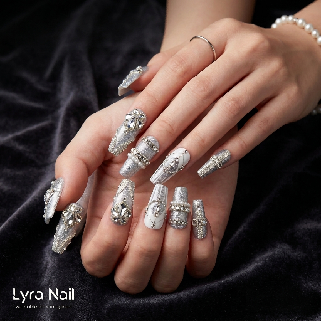 [AC-019]Frozen Fortress | Artisan Handmade Press On Nails | Winter Icy Silver Shimmer with Crystal Cross & Teardrop Gemstones | Salon Quality, 7-10 Day Shipping