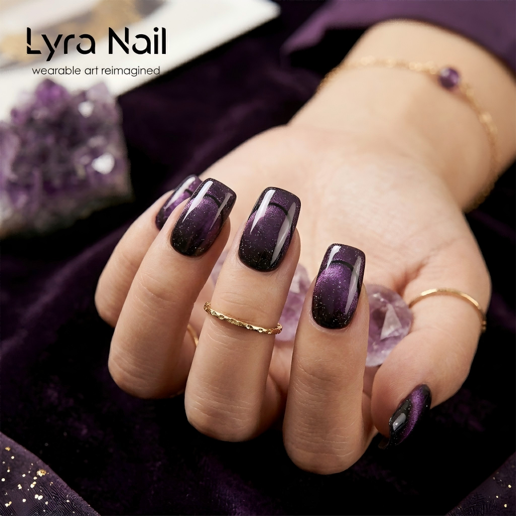 [AC-039]Wednesday Witch | Artisan Handmade Press On Nails | Dark Goth Crystal Cat-Eye Gradient Purple | Salon Quality, 7-10 Day Shipping