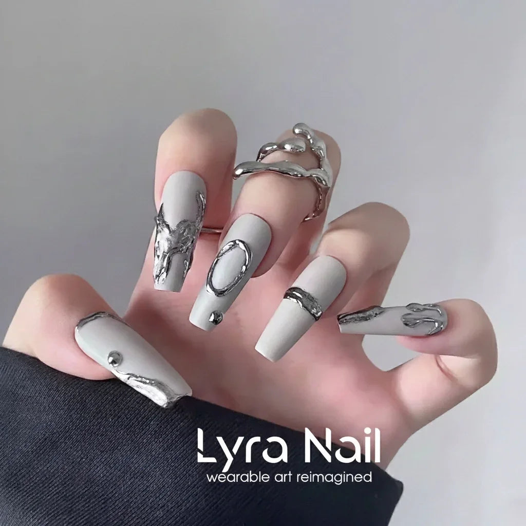 [AC-001]Dark Fluid | Artisan Handmade Press On Nails | Liquid Silver Metal on Marble Grey Base | Salon Quality, 7-10 Day Shipping